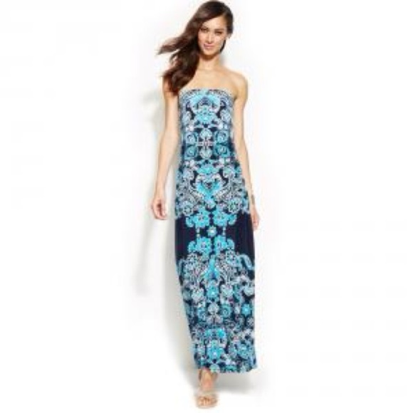 INC Women's Blue Paisley Strapless Maxi Dress Size L - Picture 2 of 10